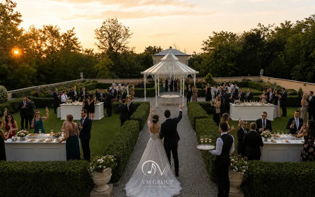 Aperitivo al tramonto nel giardino all'italiana di Villa Buttafava con buffet e brindisi