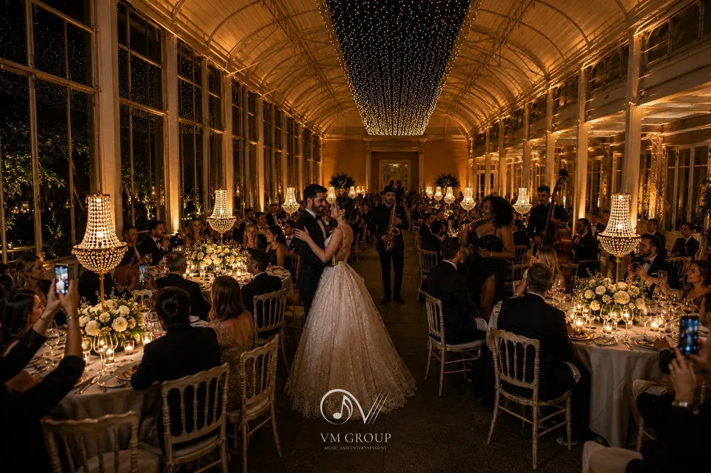 Cena di matrimonio nella sala vetrata di Villa Buttafava con lampadari, cielo stellato di mini LED e primo ballo degli sposi