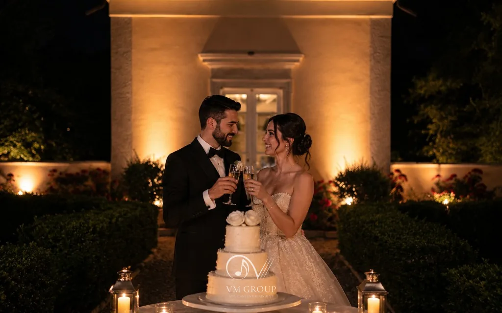 Taglio torta a Villa Buttafava: sposi con brindisi davanti alla facciata illuminata