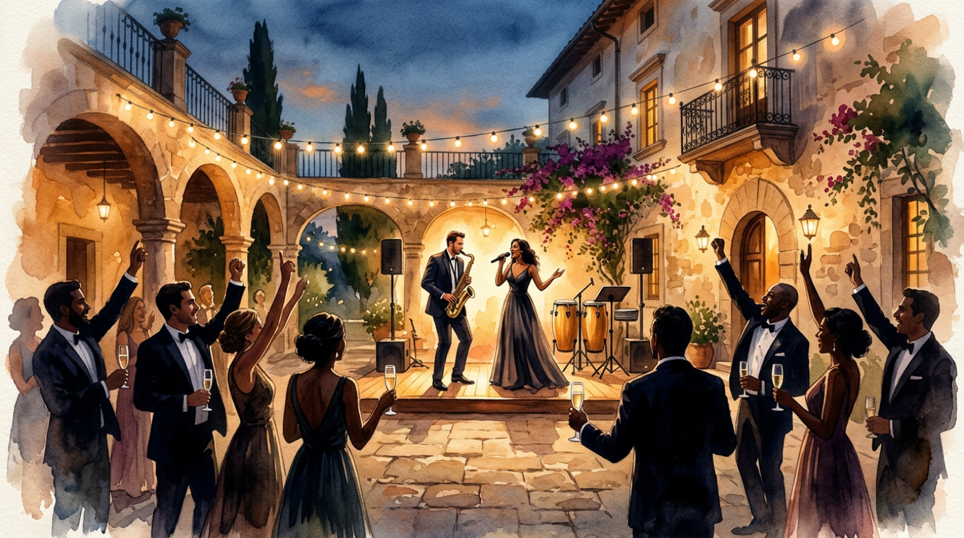 Ricevimento serale in cortile a Villa Buttafava con musica live, ospiti e facciata illuminata (immagine stilizzata)