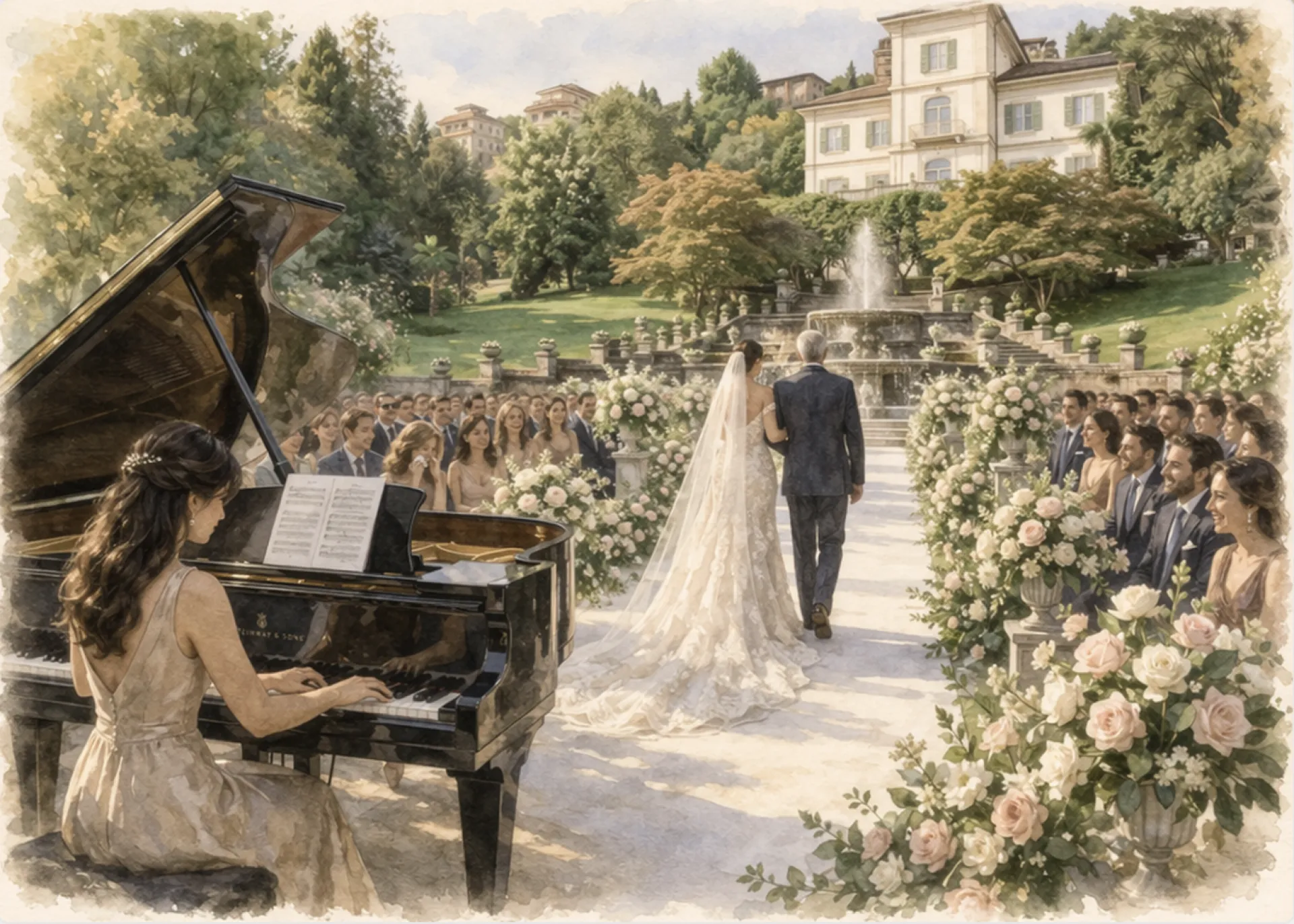 Illustrazione di una cerimonia in giardino a Villa Muggia, con la villa sullo sfondo