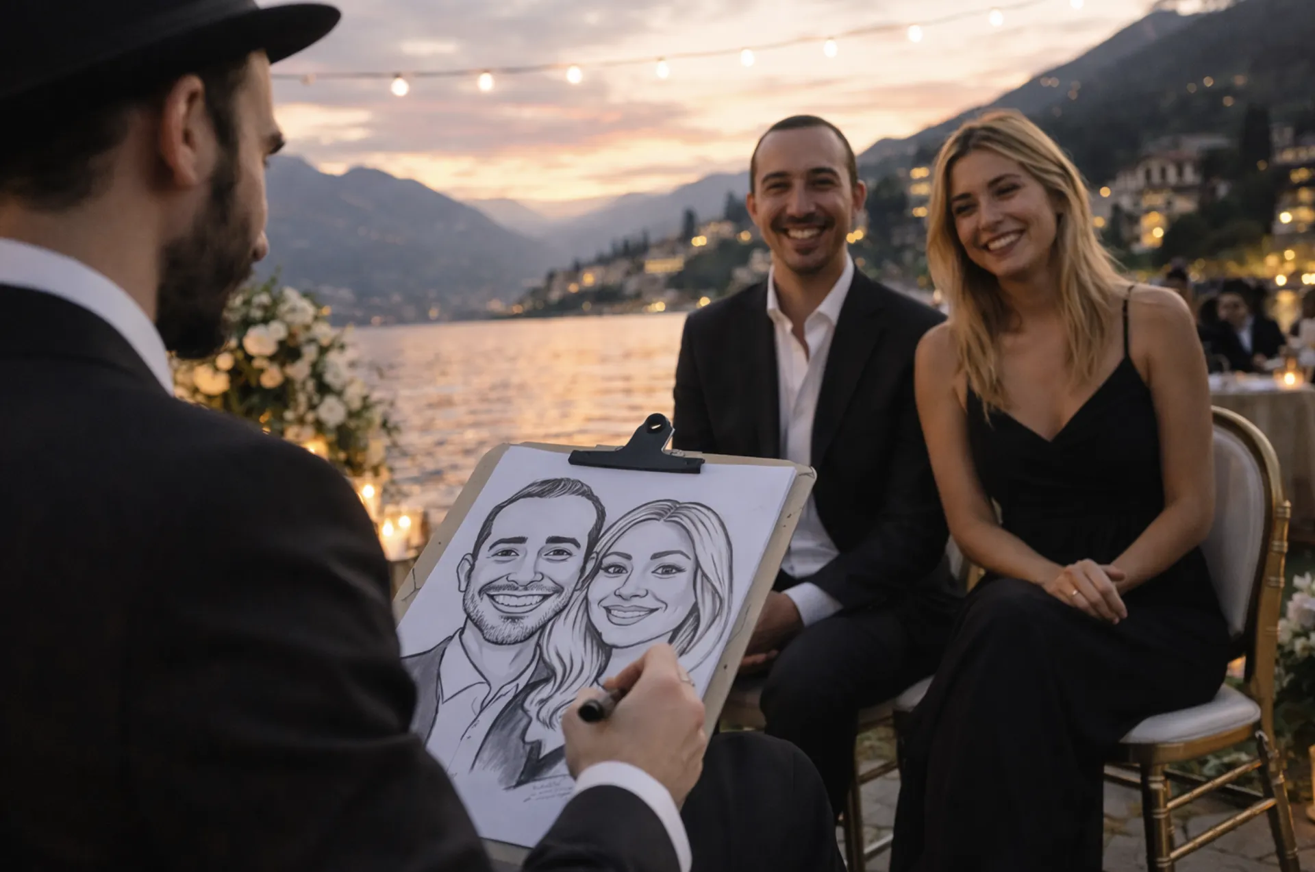 Caricaturista che ritrae una coppia a un ricevimento all’aperto sul lago al tramonto (Victor Music)