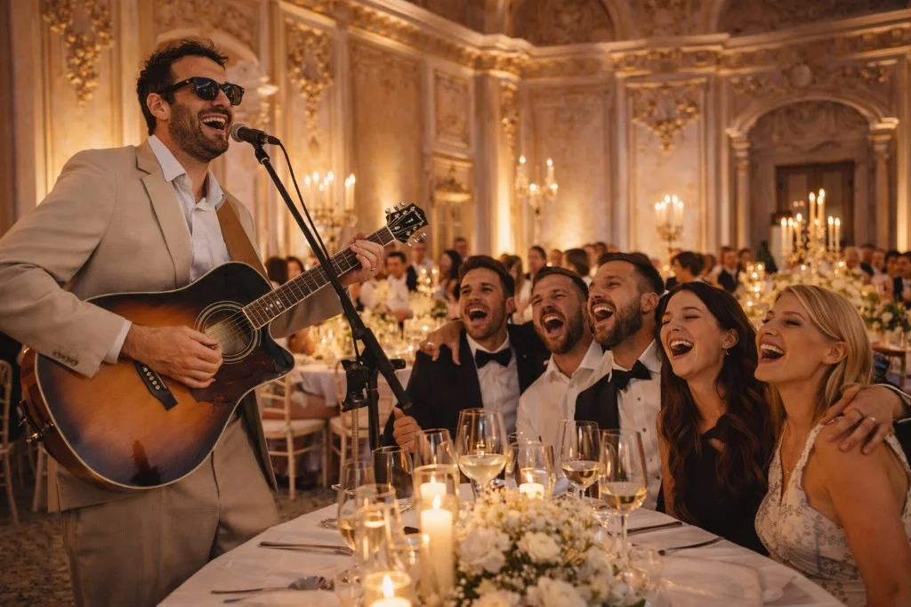 Cantante chitarrista davanti agli ospiti a cena in sala da ballo, tavola imbandita e atmosfera calda (Victor Music)