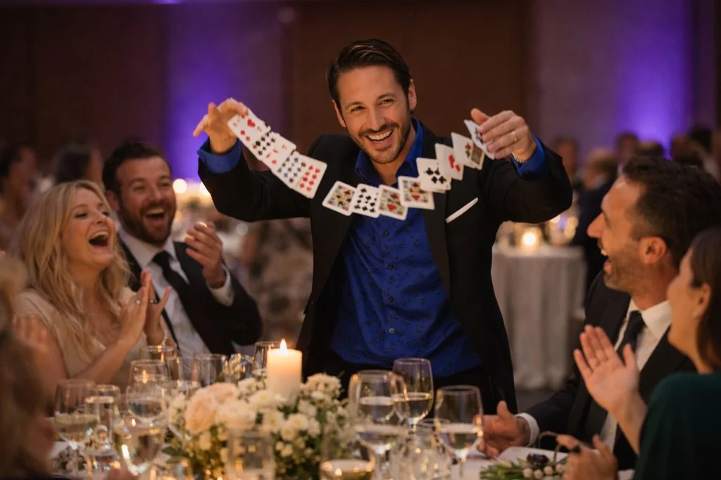Illusionista in giacca scura con carta in volo tra le mani, ospiti sorridenti a cena con candele (Victor Music)