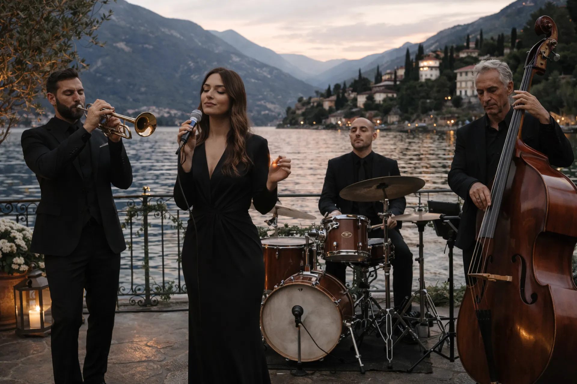 Quartetto jazz e swing con voce, tromba, batteria e contrabbasso su terrazza sul lago al crepuscolo (Victor Music)