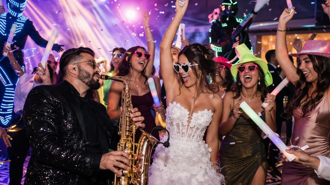 Sposa e invitati ballano in pista con accessori luminosi e atmosfera da festa (Victor Music)