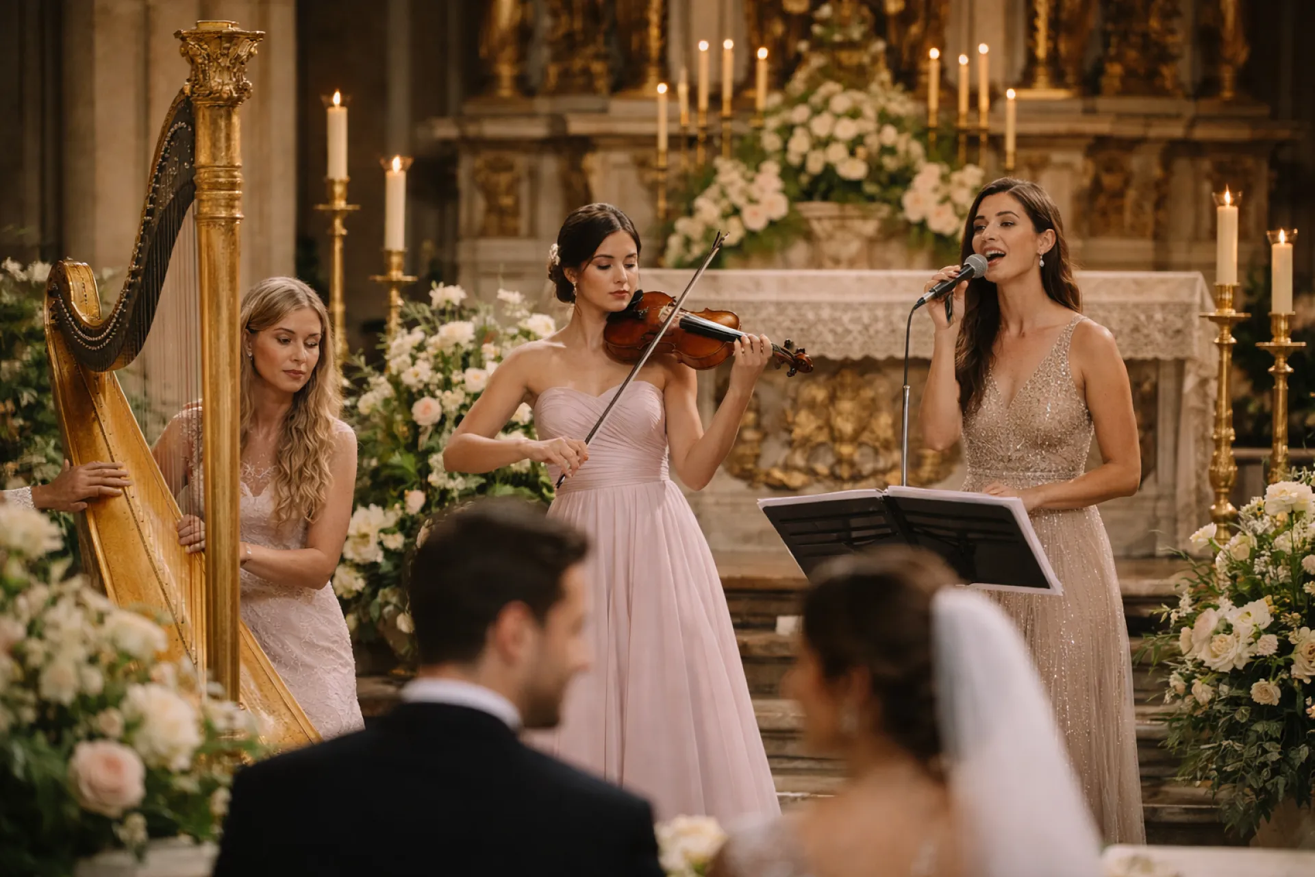 Arpa, violino e cantante in abito elegante davanti all’altare durante un matrimonio in chiesa (Victor Music)