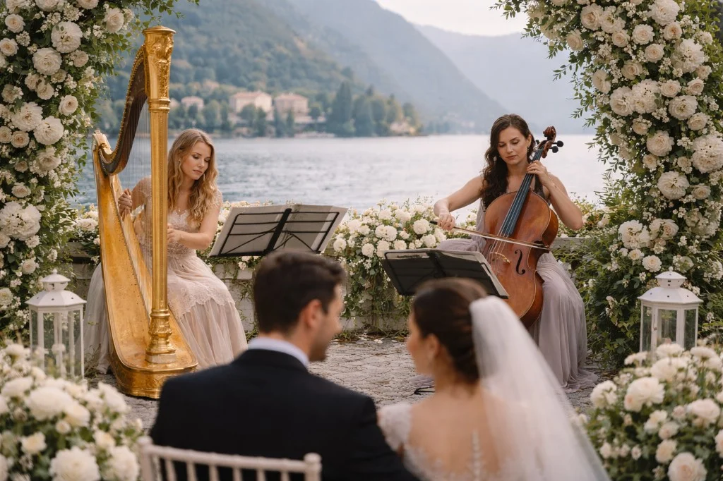 Duo con arpa e violoncello in cerimonia all’aperto sul lago, sposi di spalle e allestimento floreale bianco (Victor Music)