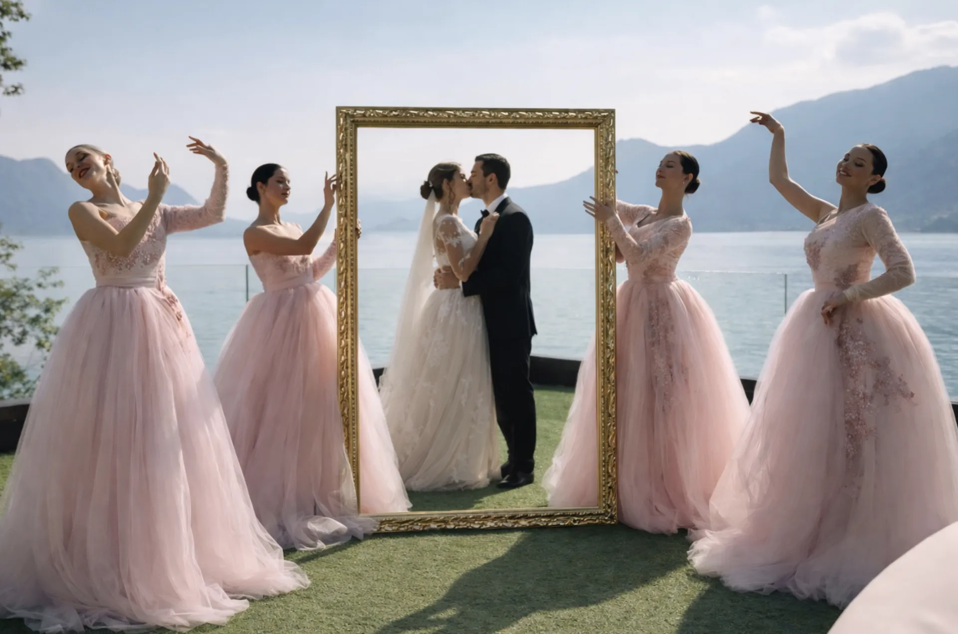 Quattro ballerine in tutù rosa attorno a una cornice dorata con sposi che si baciano, terrazza sul lago (Victor Music)