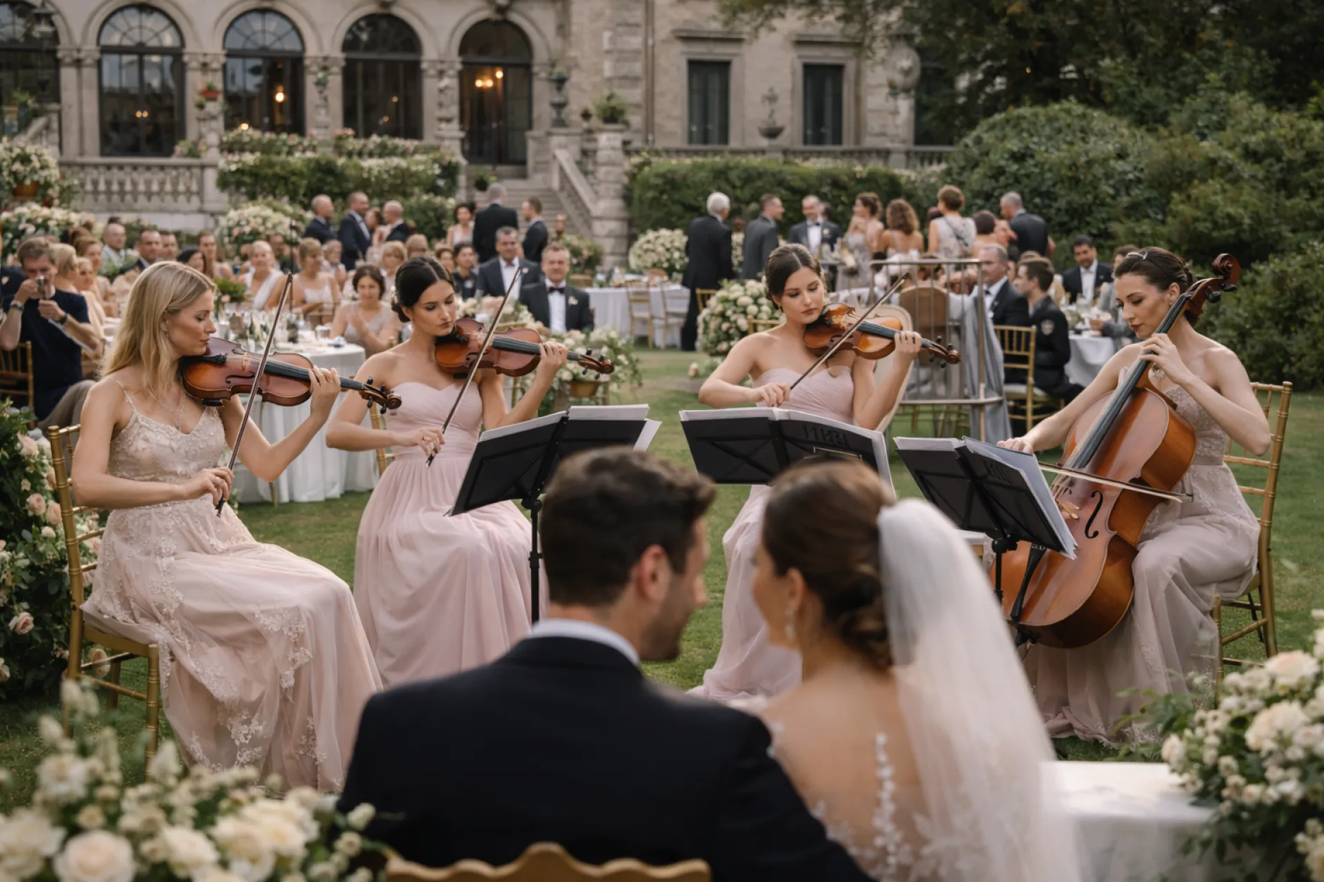 Quartetto d’archi con tre violiniste e violoncellista in giardino davanti a una villa, sposi in primo piano (Victor Music)