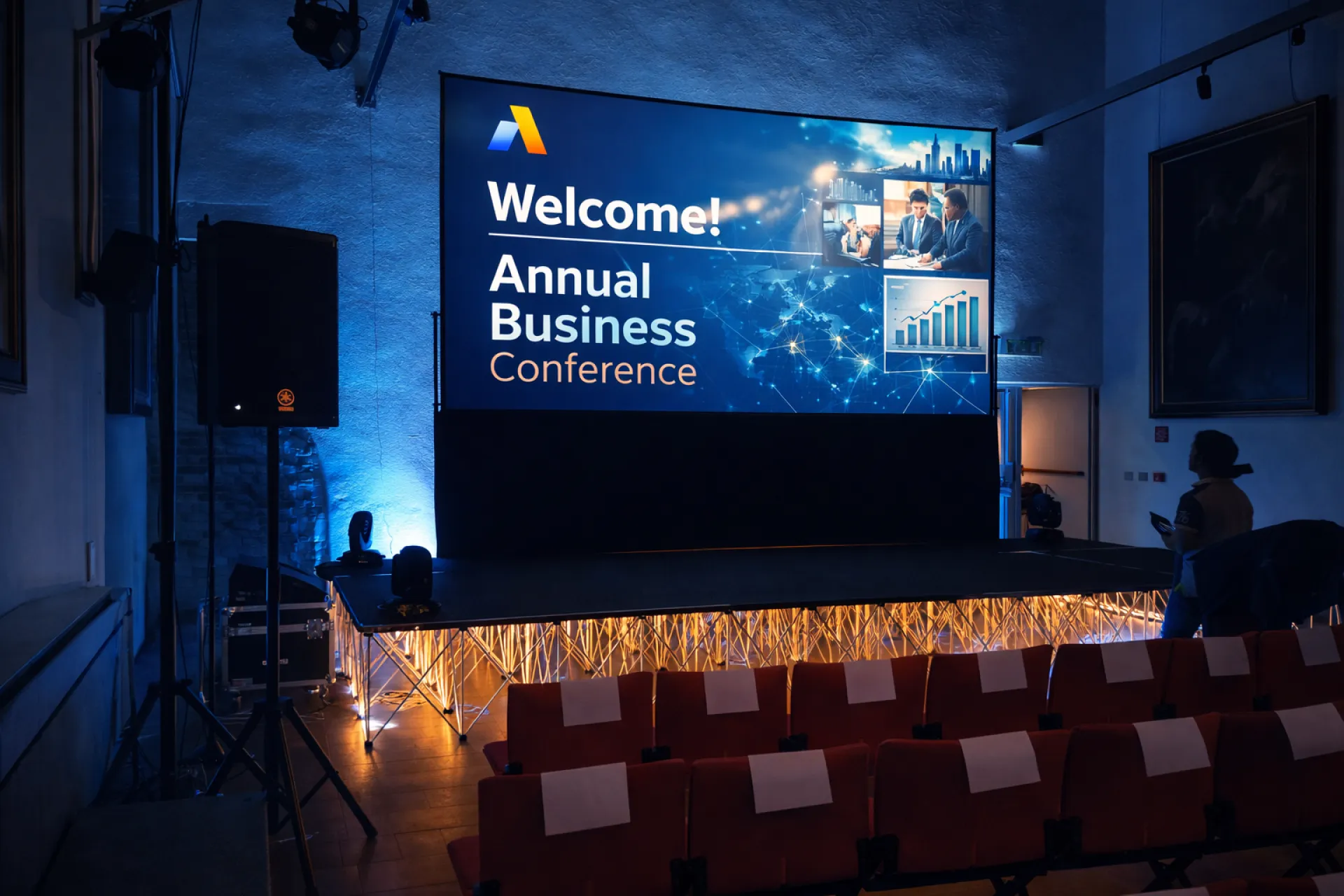 Sala conferenze con maxi LED, palco e impianto audio professionale (Victor Music)