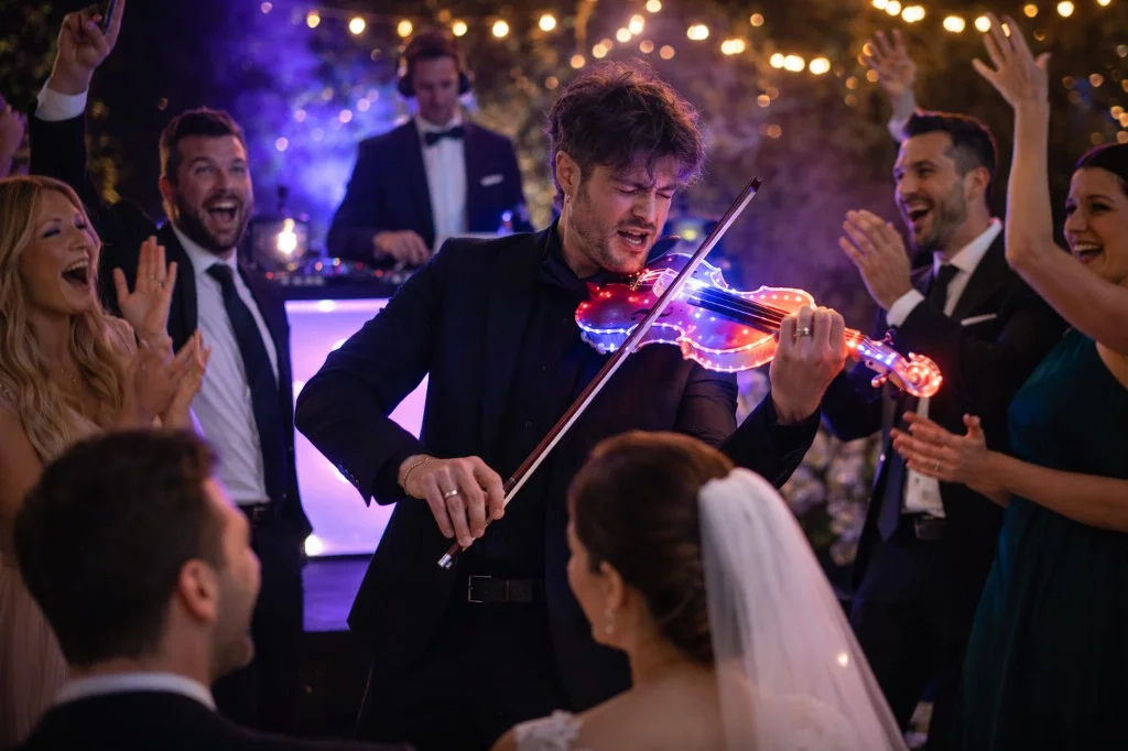 Violinista con violino elettrico illuminato tra gli ospiti, DJ e luci da serata di matrimonio (Victor Music)